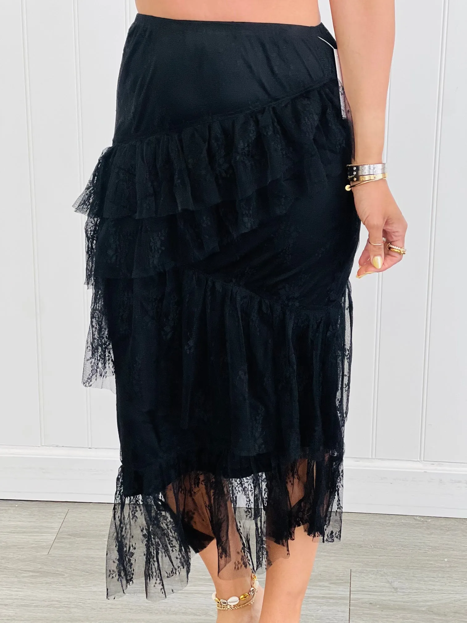 Black Asymmetric Ruffles Midi Skirt (Reg.)