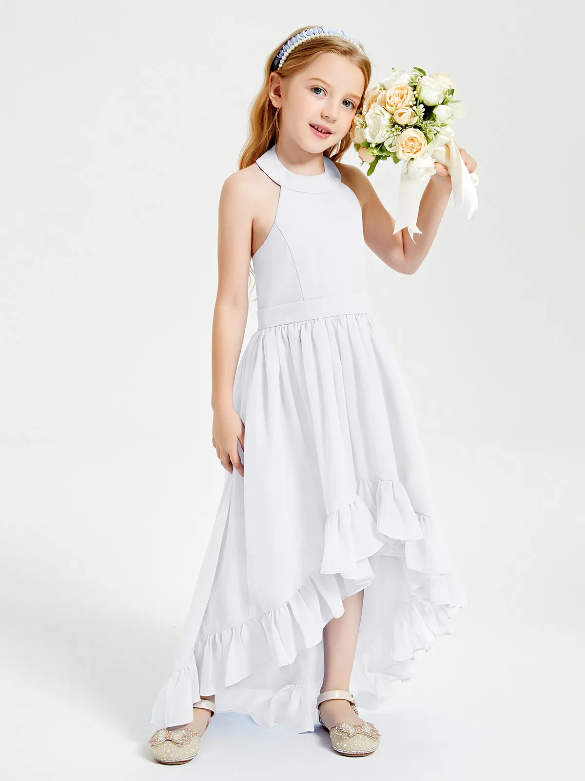 Boho Junior Bridesmaid Dresses Asymmetrical Cascading Skirt White