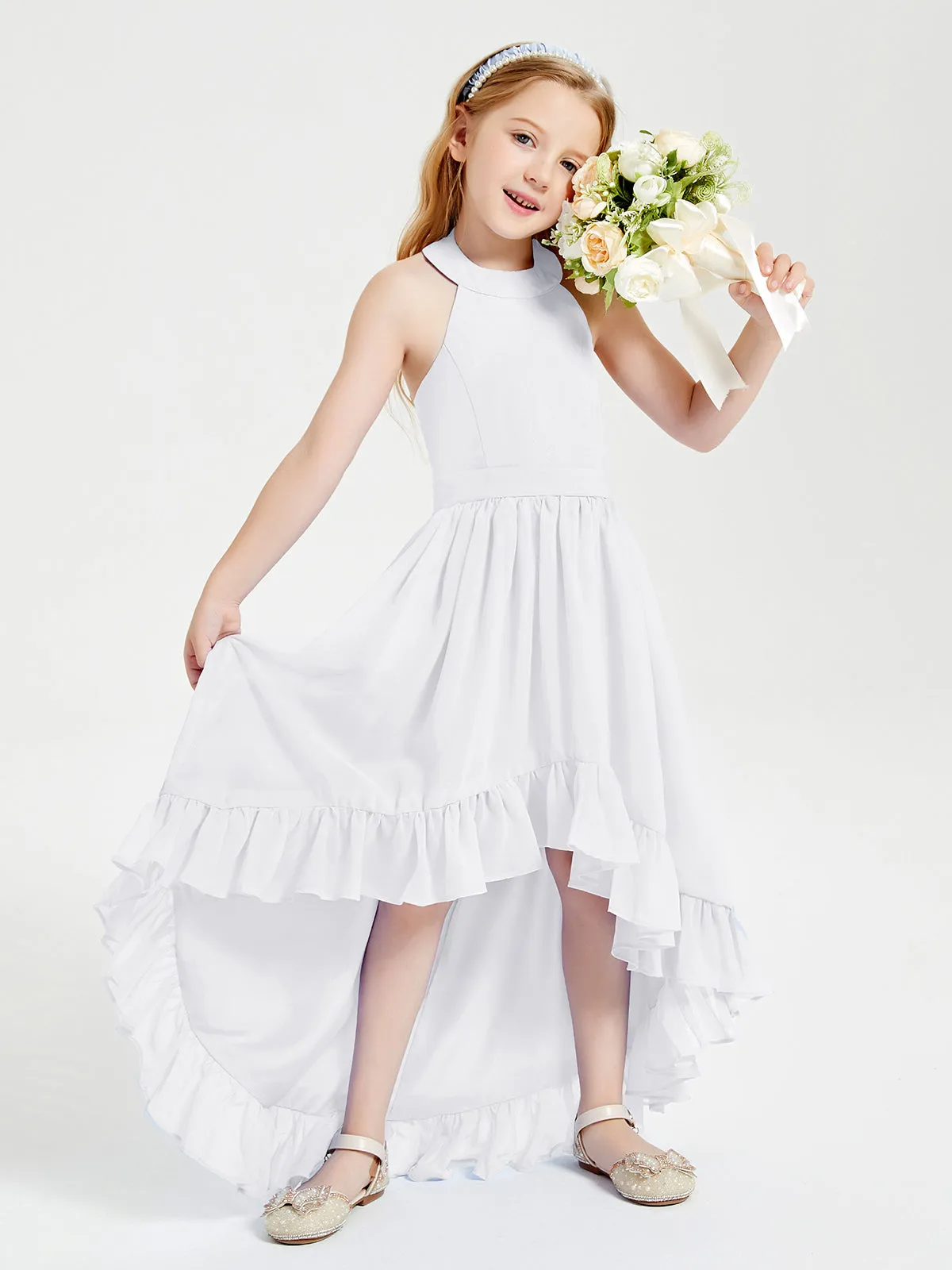Boho Junior Bridesmaid Dresses Asymmetrical Cascading Skirt White