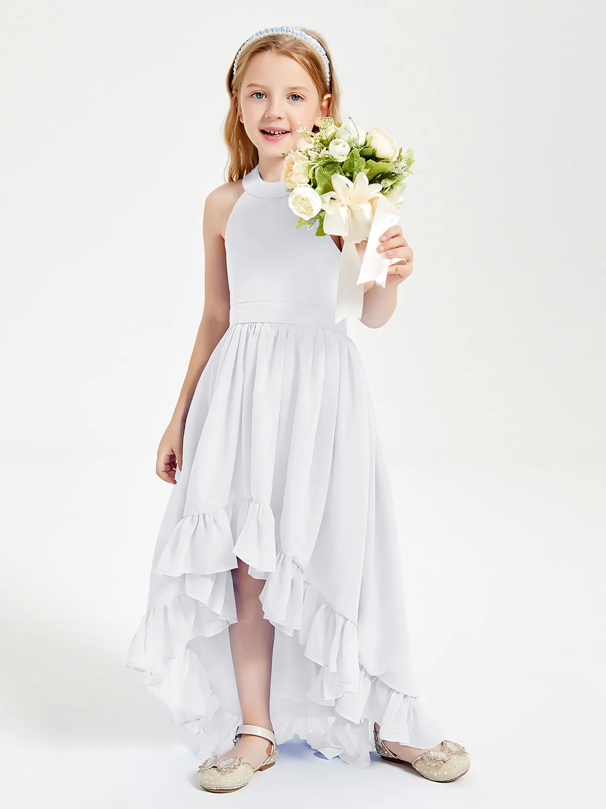 Boho Junior Bridesmaid Dresses Asymmetrical Cascading Skirt White