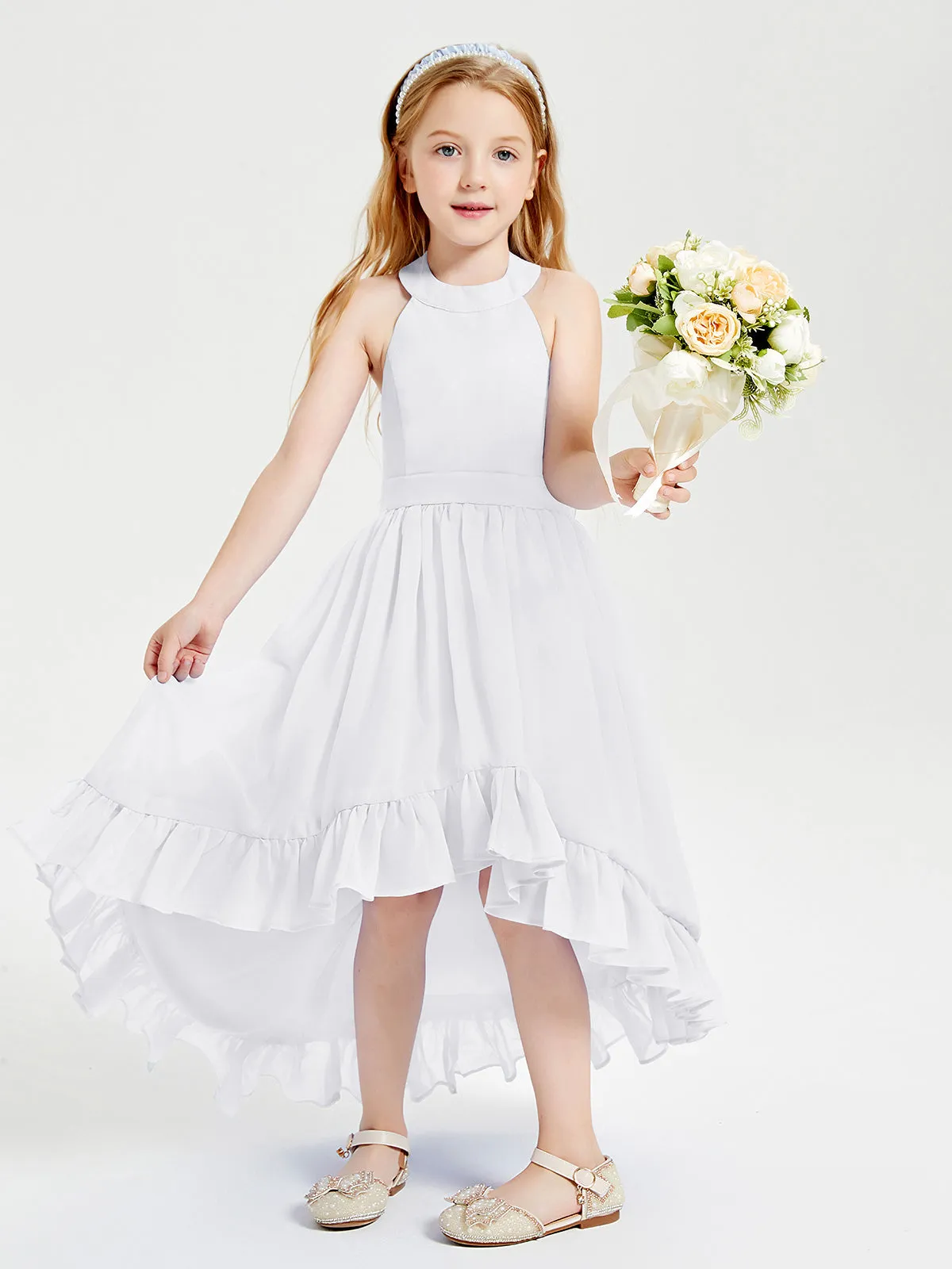 Boho Junior Bridesmaid Dresses Asymmetrical Cascading Skirt White
