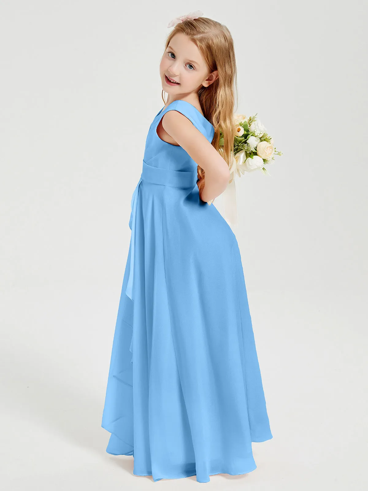 Boho Long Chiffon Bridesmaid Dresses Cascading Skirt Blue
