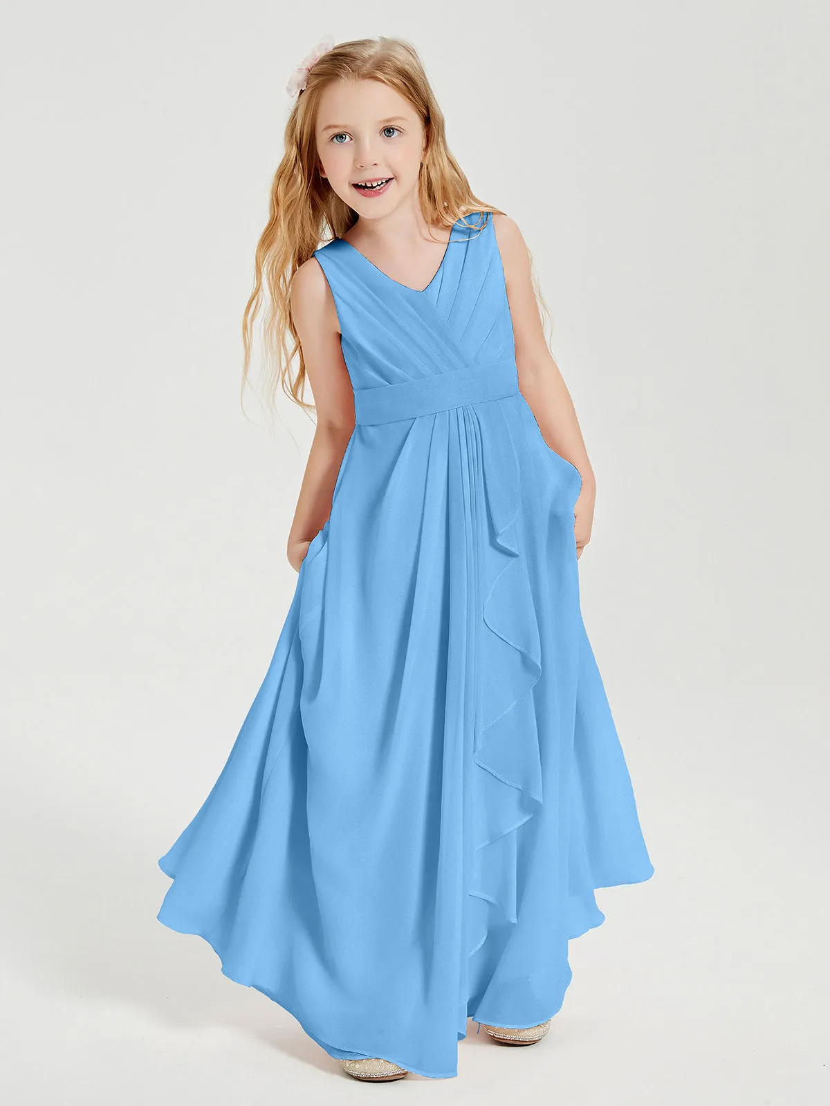 Boho Long Chiffon Bridesmaid Dresses Cascading Skirt Blue