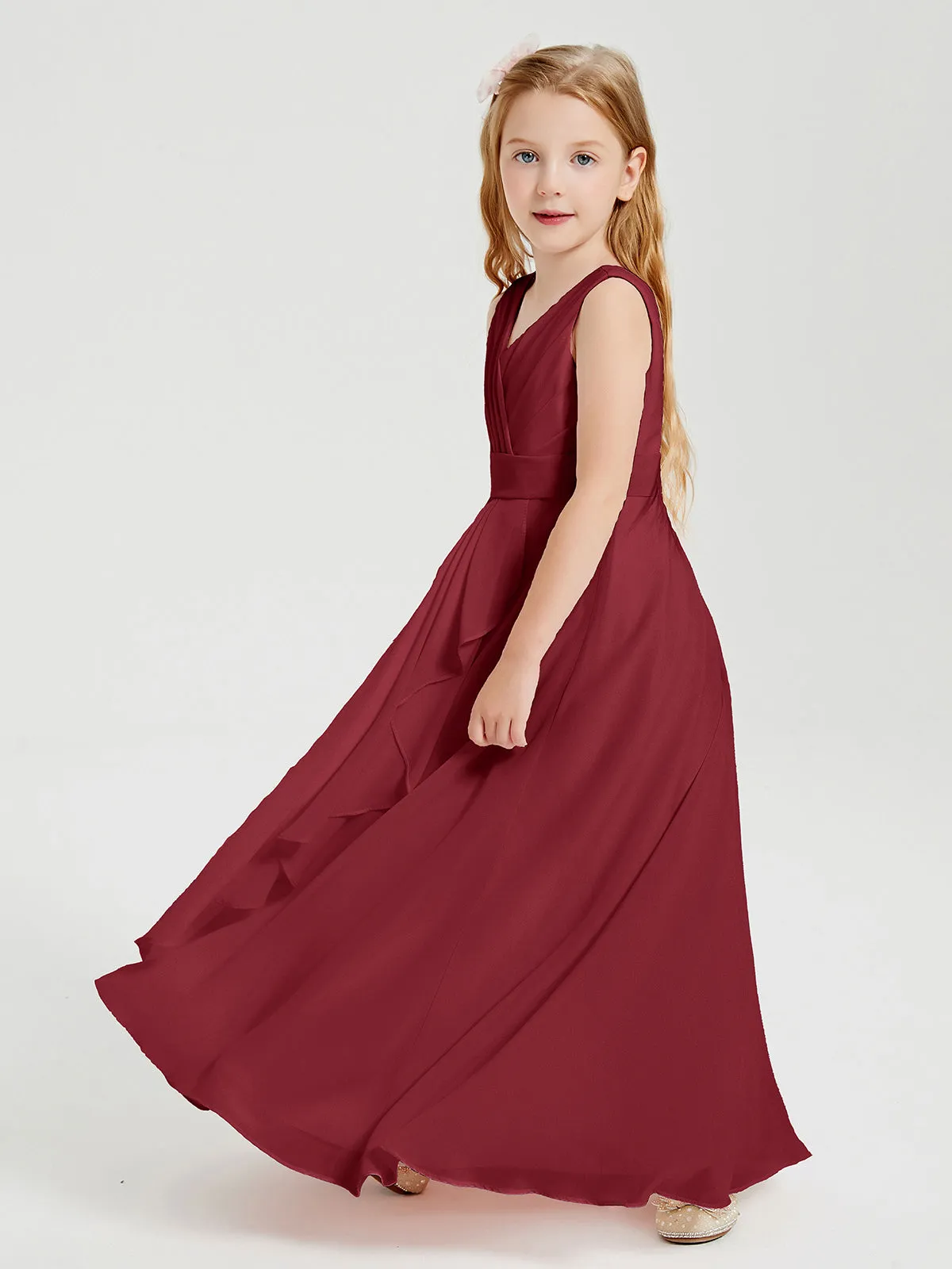 Boho Long Chiffon Bridesmaid Dresses Cascading Skirt Burgundy