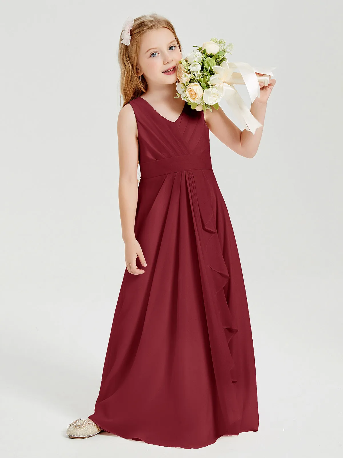 Boho Long Chiffon Bridesmaid Dresses Cascading Skirt Burgundy