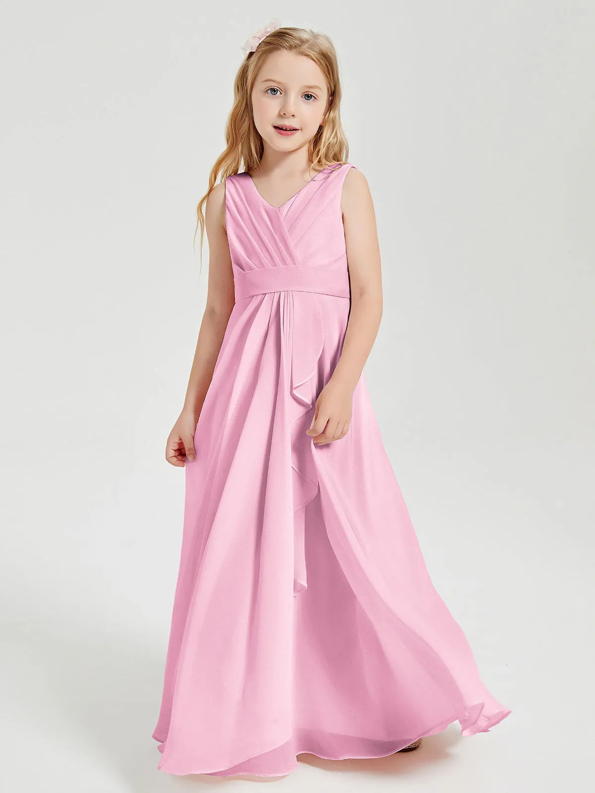 Boho Long Chiffon Bridesmaid Dresses Cascading Skirt Candy Pink