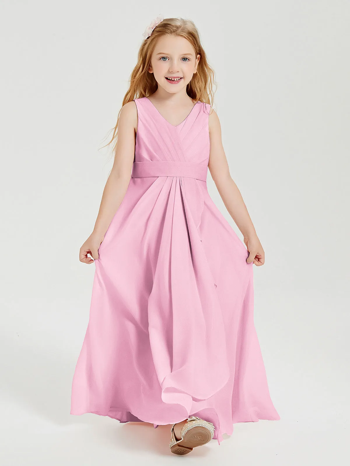 Boho Long Chiffon Bridesmaid Dresses Cascading Skirt Candy Pink