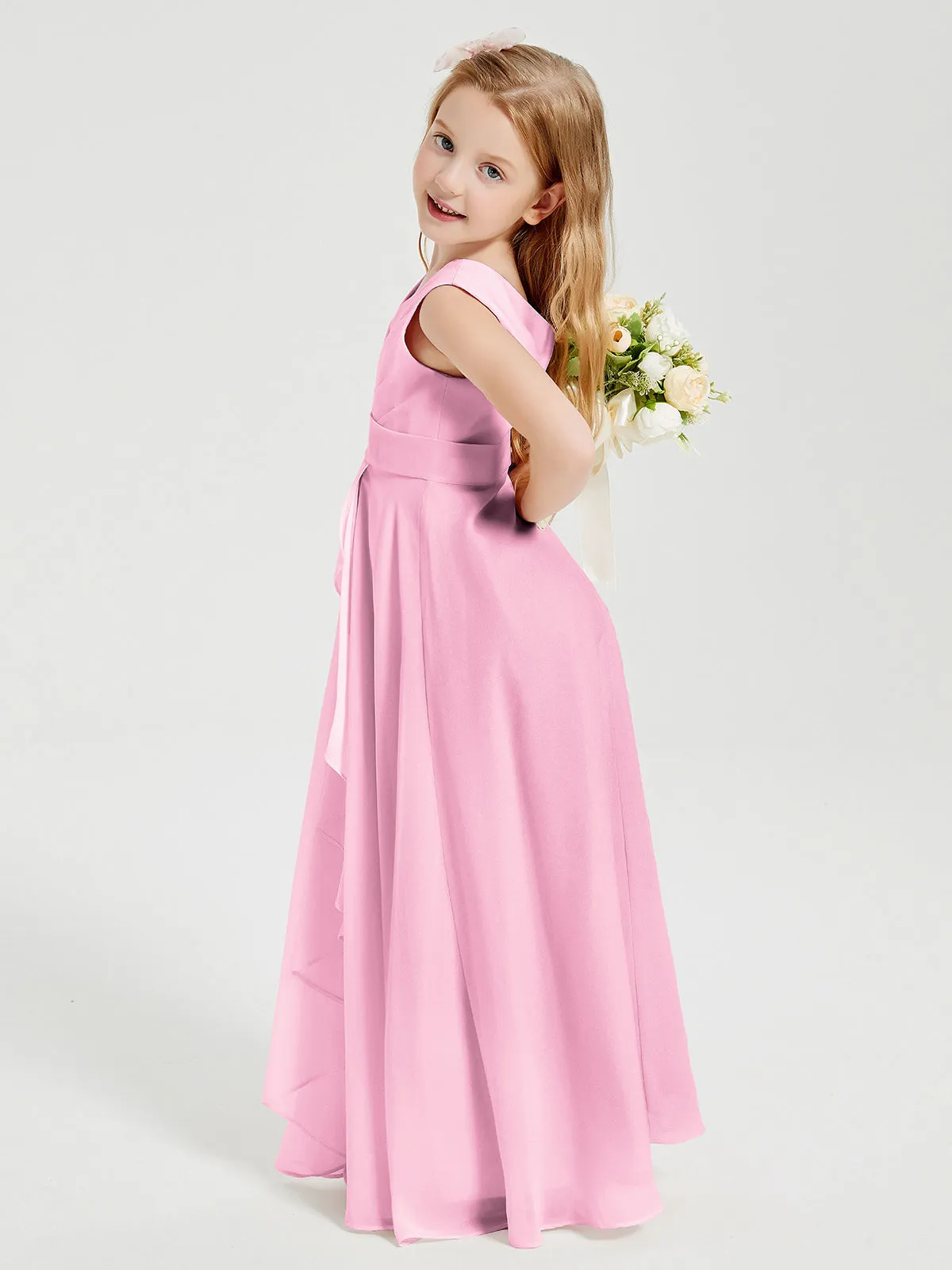 Boho Long Chiffon Bridesmaid Dresses Cascading Skirt Candy Pink