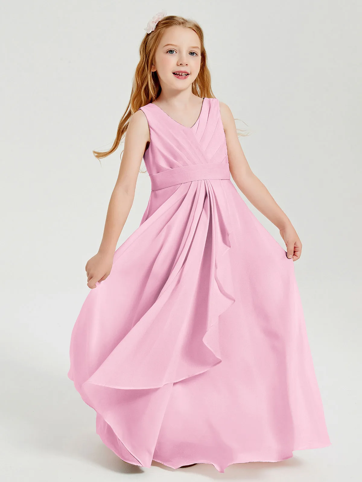 Boho Long Chiffon Bridesmaid Dresses Cascading Skirt Candy Pink