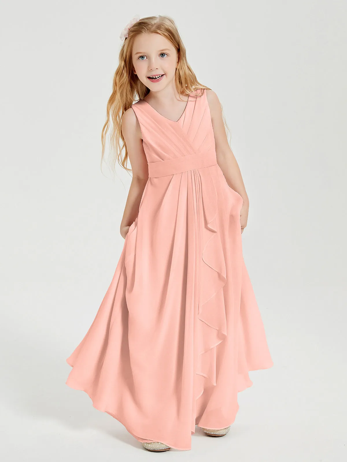 Boho Long Chiffon Bridesmaid Dresses Cascading Skirt Coral