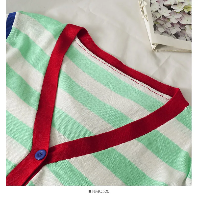 Contrast stitched striped single breasted V-neck T-shirt women's  2029