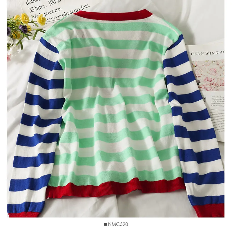 Contrast stitched striped single breasted V-neck T-shirt women's  2029