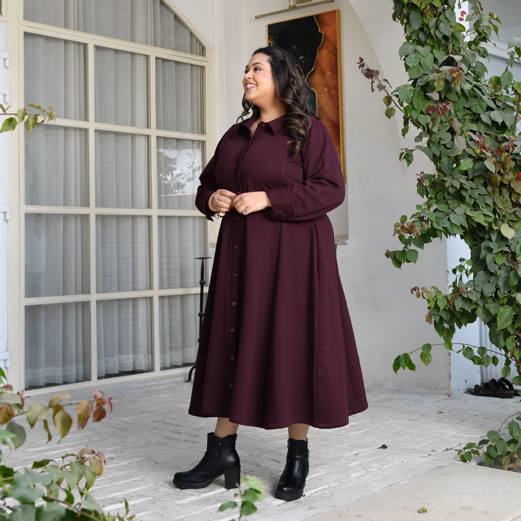 Deep Wine Woollen Fleece Aline Dress