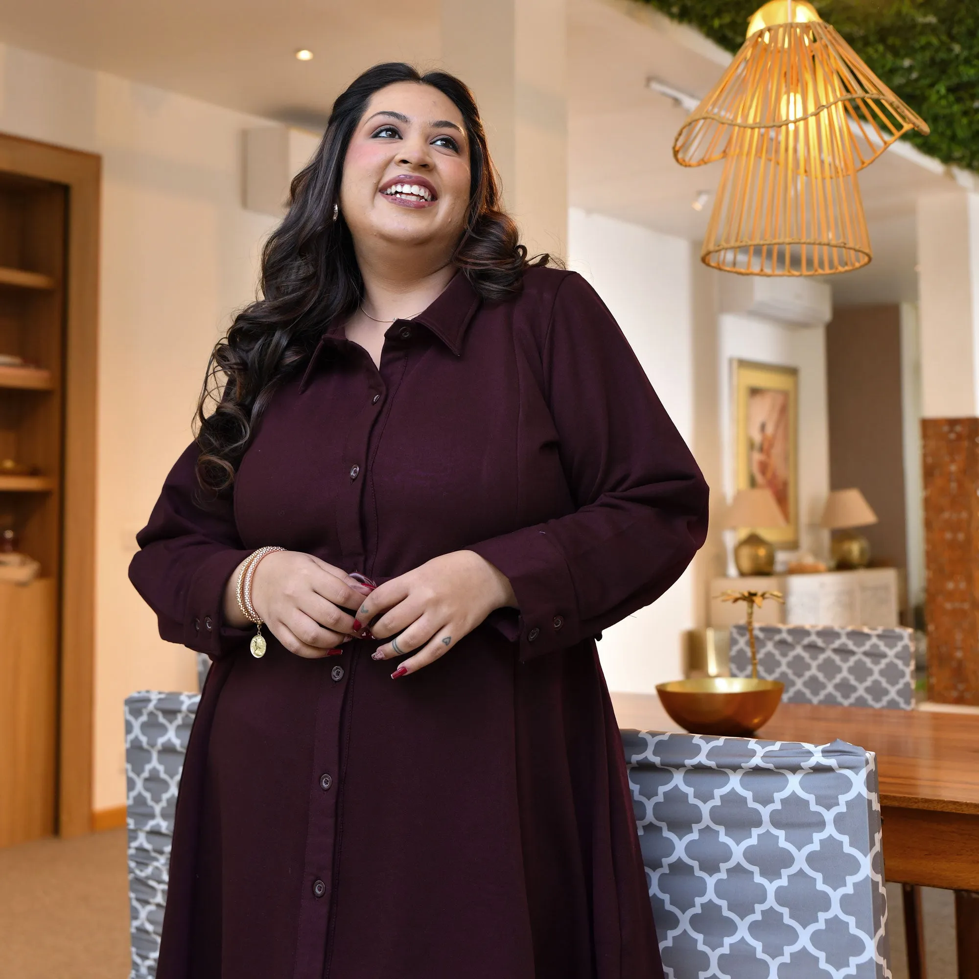 Deep Wine Woollen Fleece Aline Dress