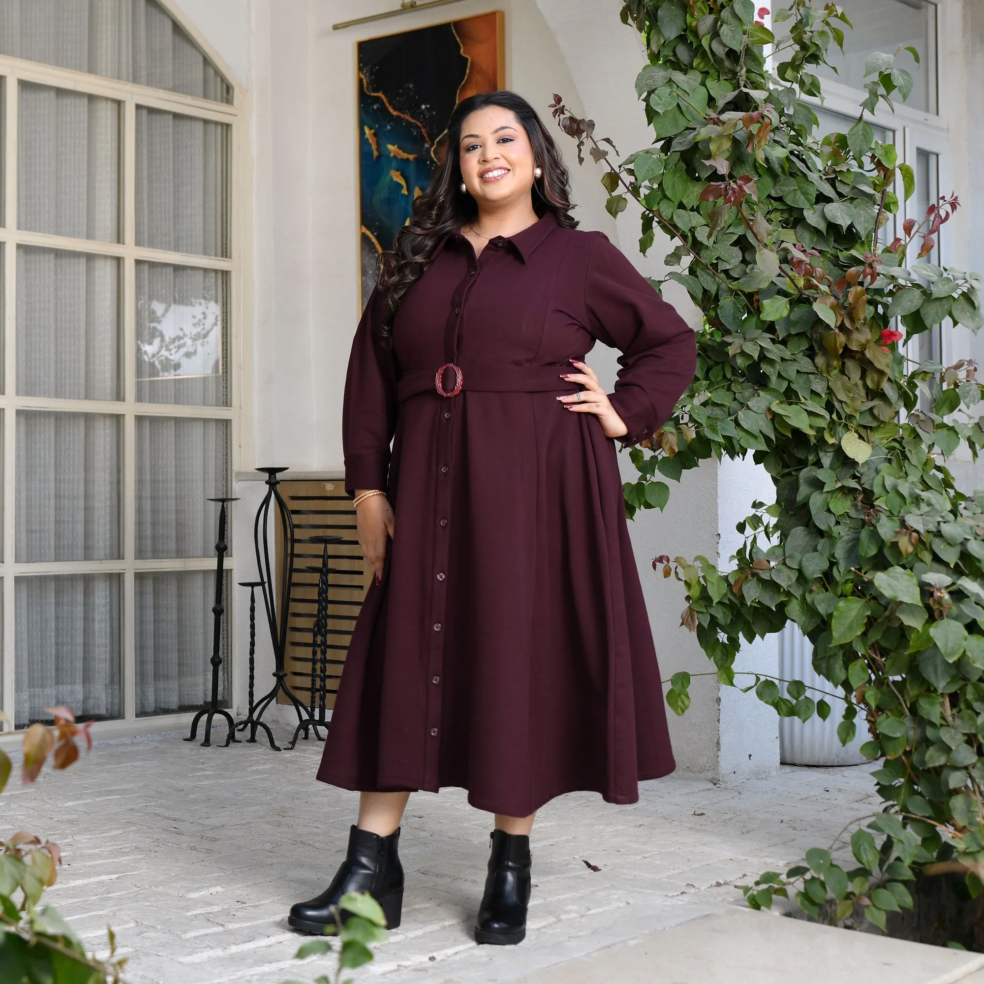 Deep Wine Woollen Fleece Aline Dress