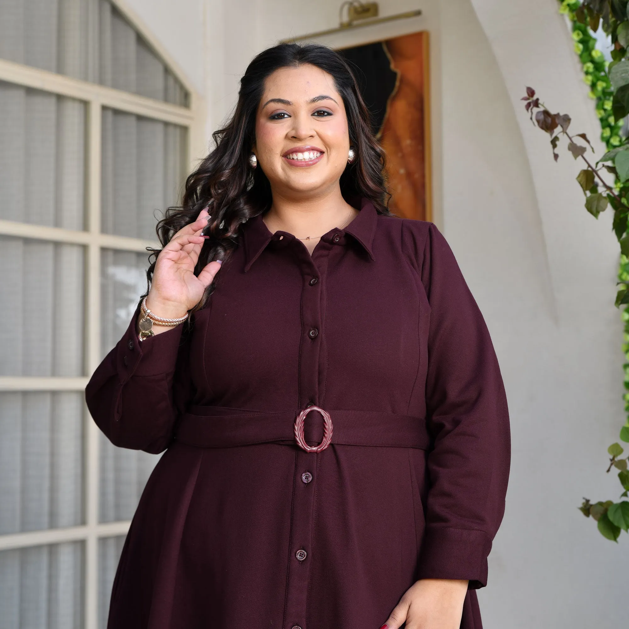 Deep Wine Woollen Fleece Aline Dress