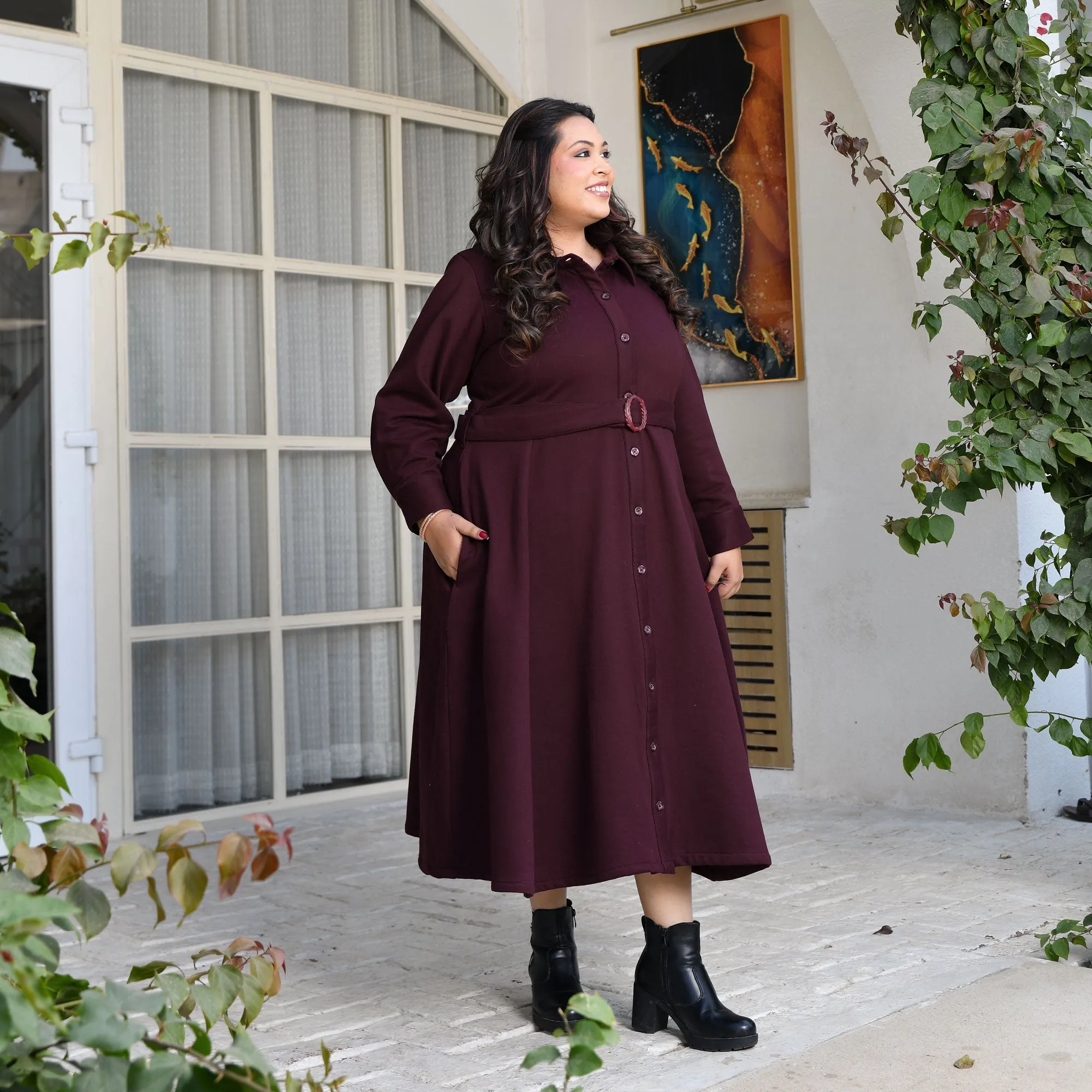 Deep Wine Woollen Fleece Aline Dress