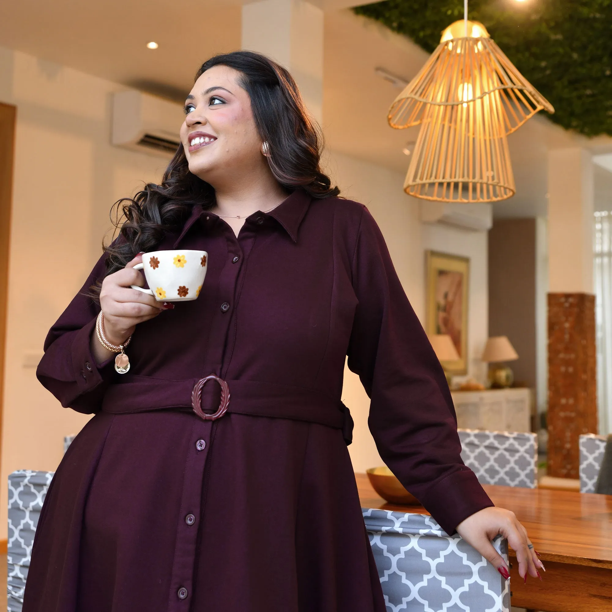 Deep Wine Woollen Fleece Aline Dress