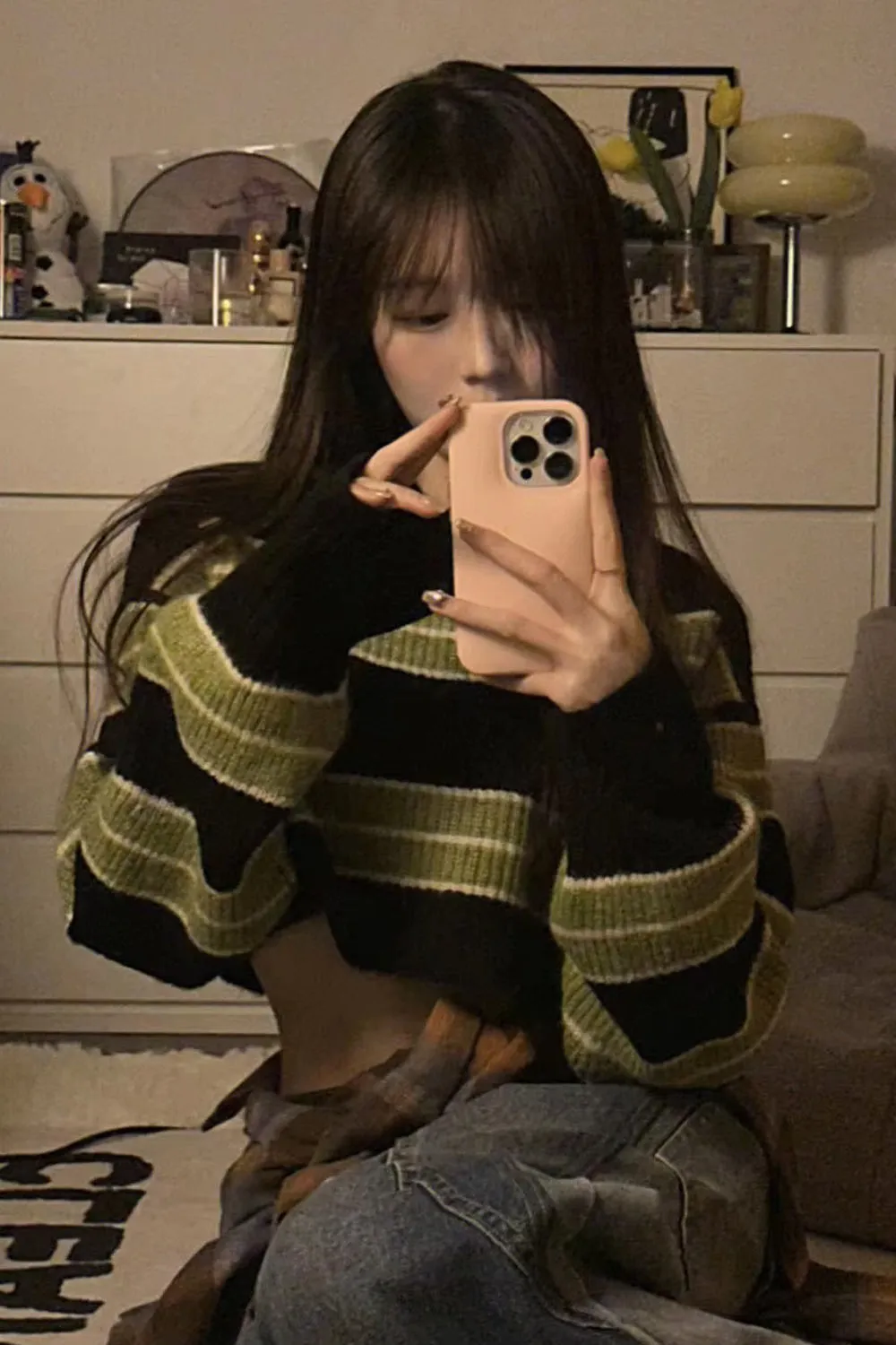 Loose Green Striped Cropped Sweater