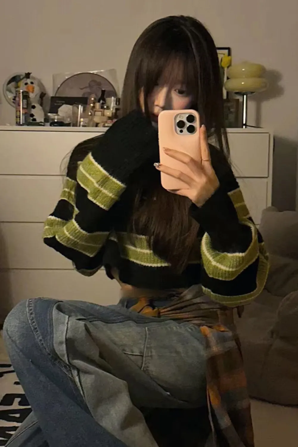 Loose Green Striped Cropped Sweater