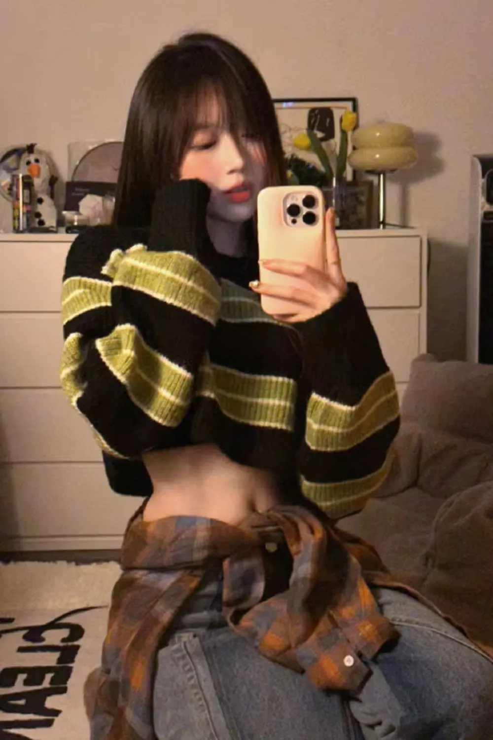 Loose Green Striped Cropped Sweater