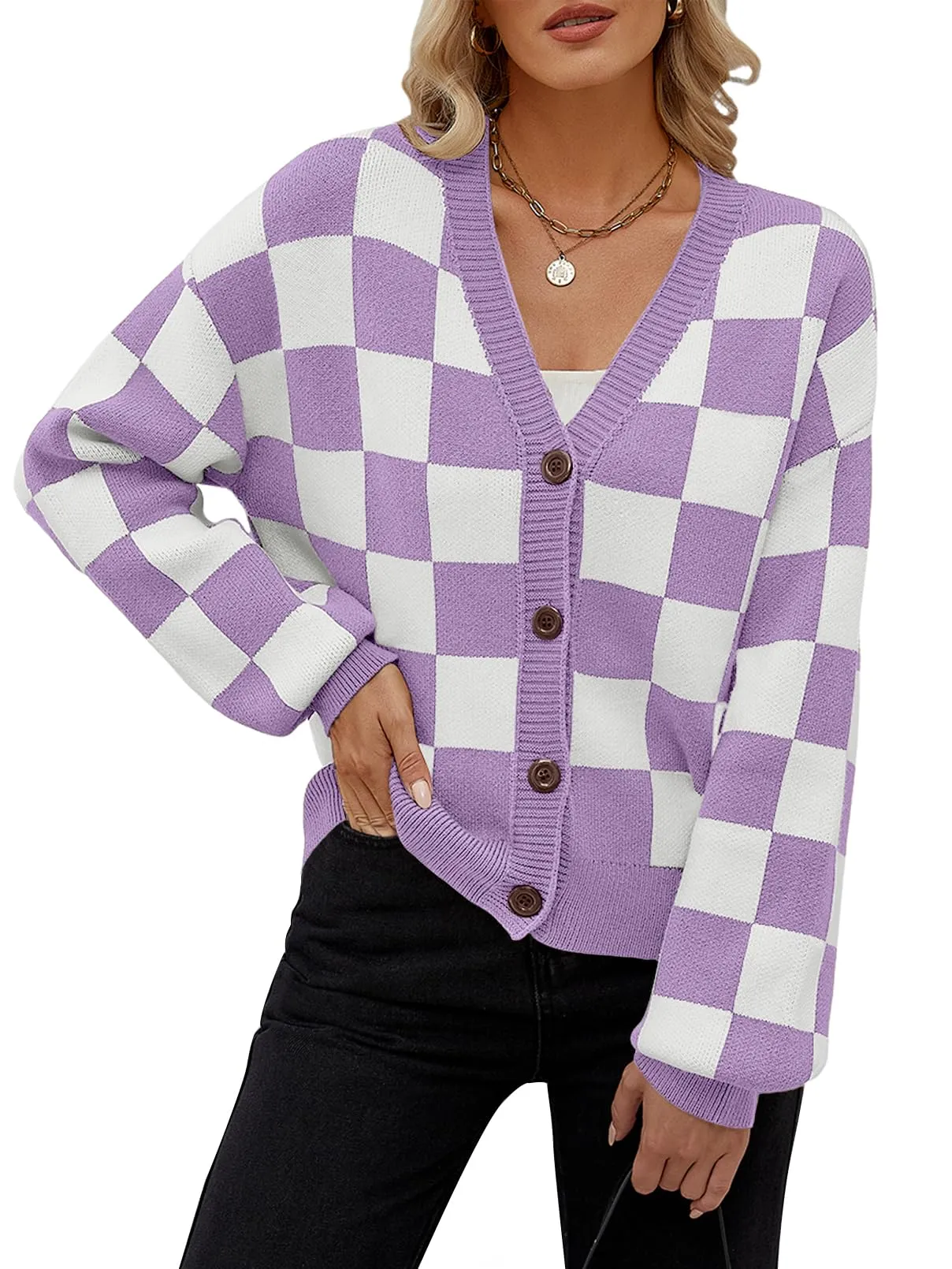 MEROKEETY Plaid Button V Neck Cropped Cardigan Sweater