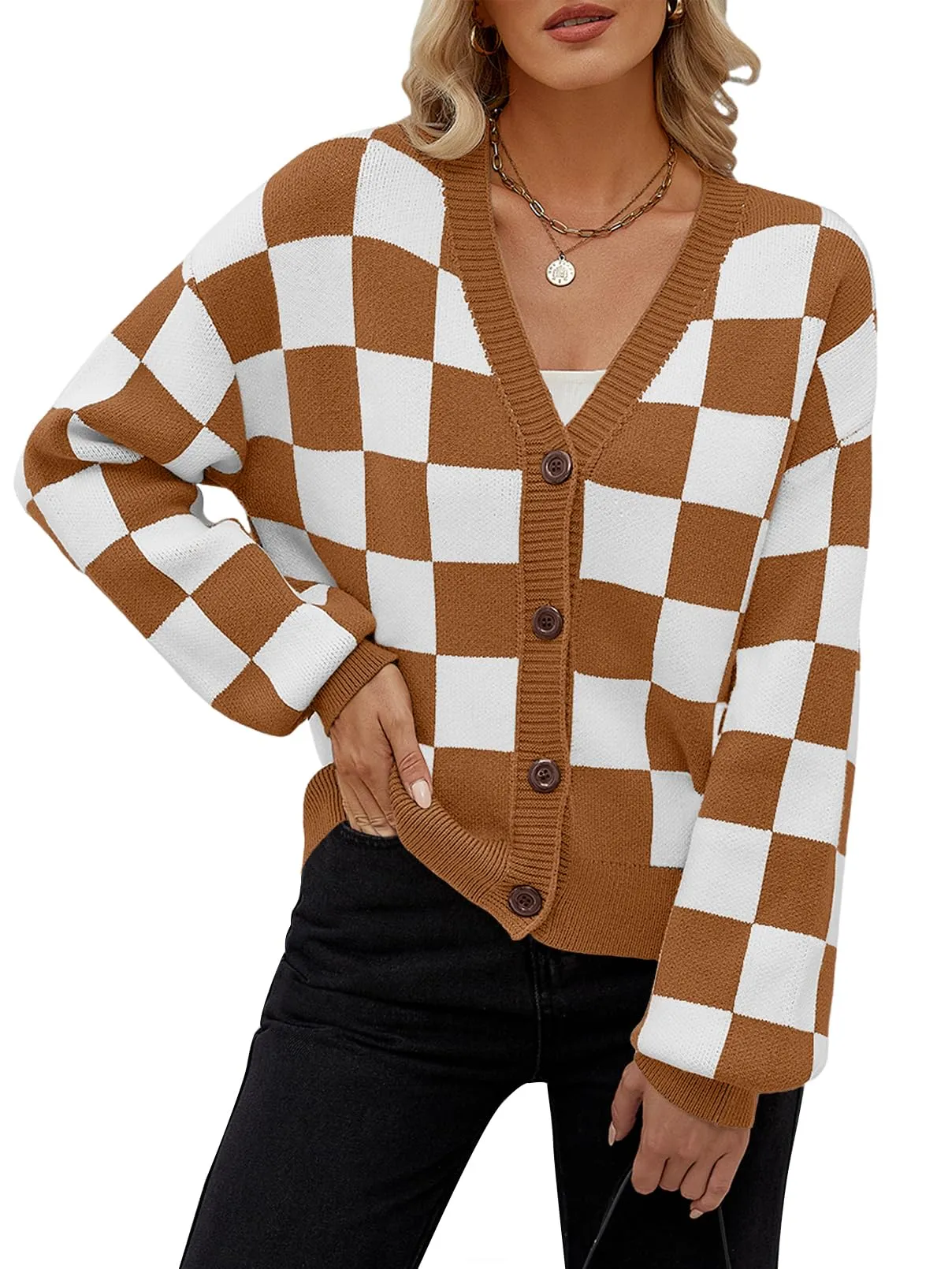 MEROKEETY Plaid Button V Neck Cropped Cardigan Sweater
