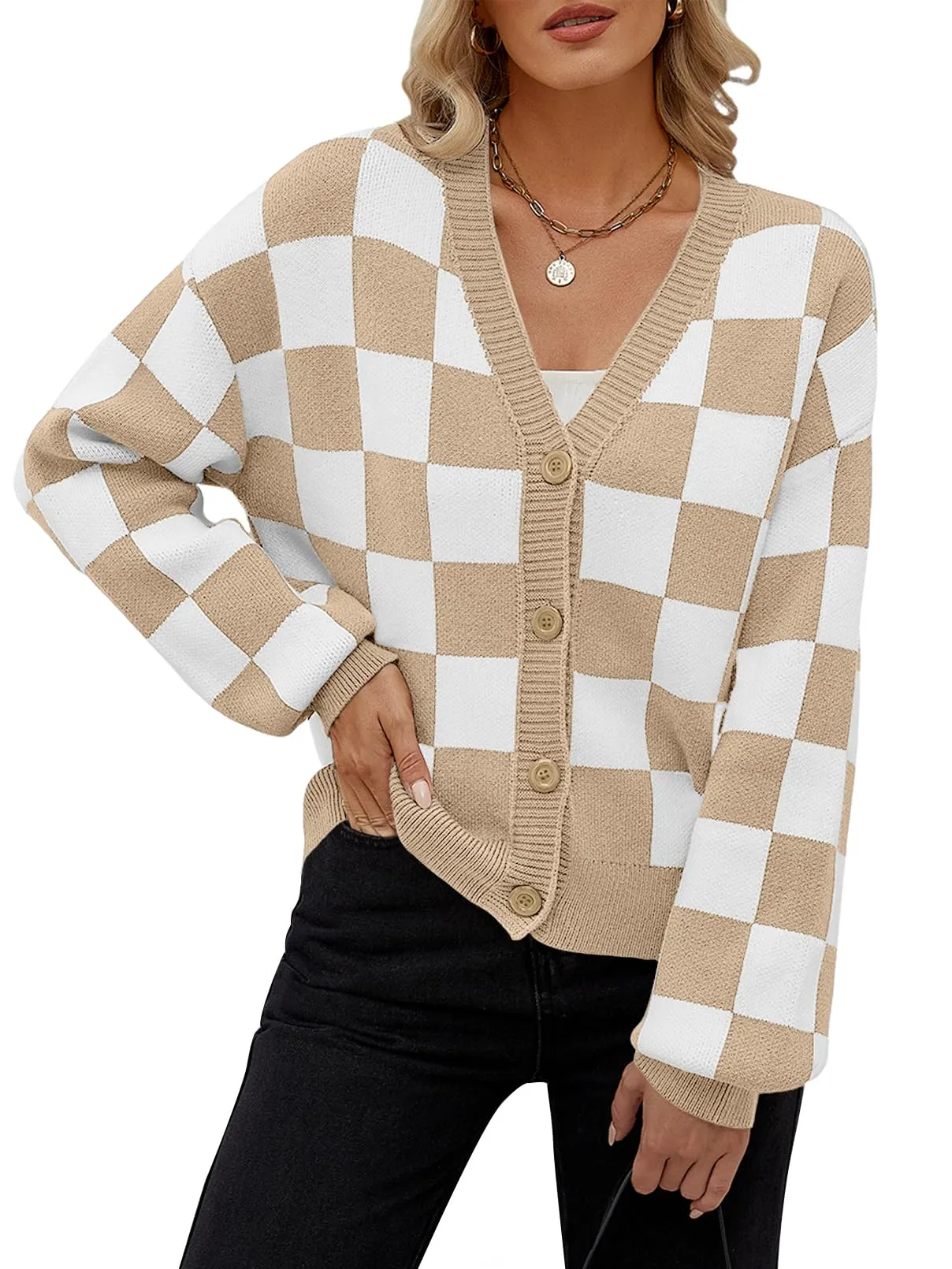 MEROKEETY Plaid Button V Neck Cropped Cardigan Sweater