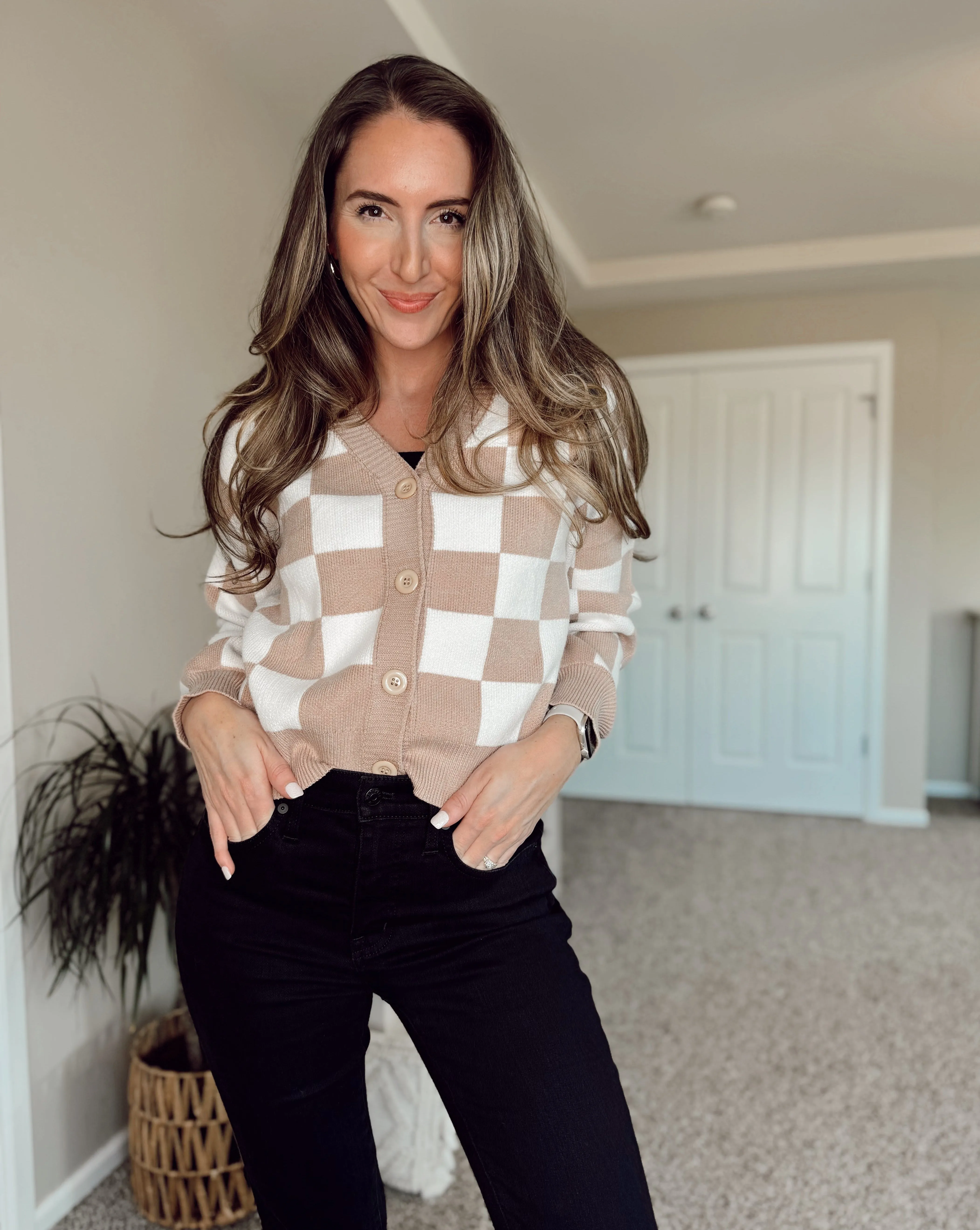 MEROKEETY Plaid Button V Neck Cropped Cardigan Sweater