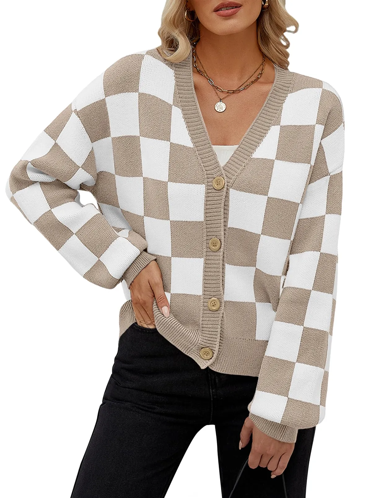 MEROKEETY Plaid Button V Neck Cropped Cardigan Sweater