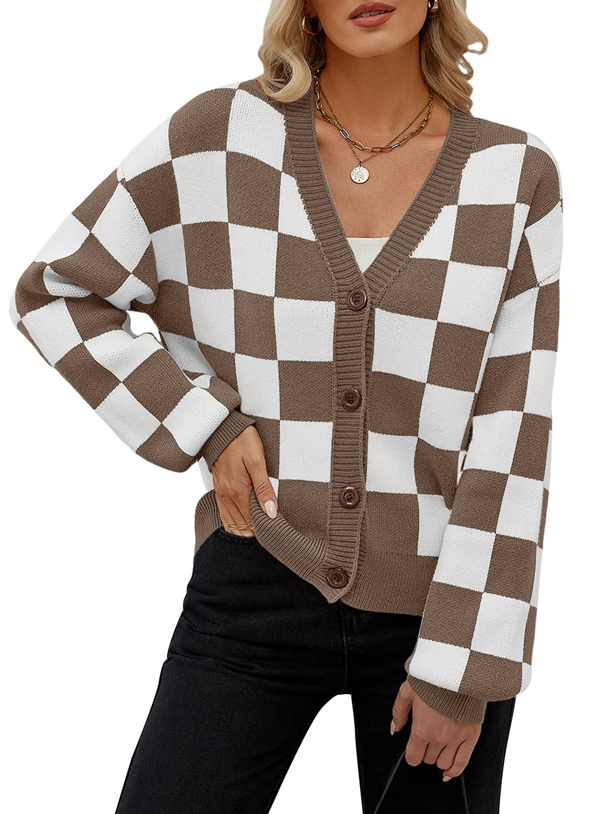 MEROKEETY Plaid Button V Neck Cropped Cardigan Sweater