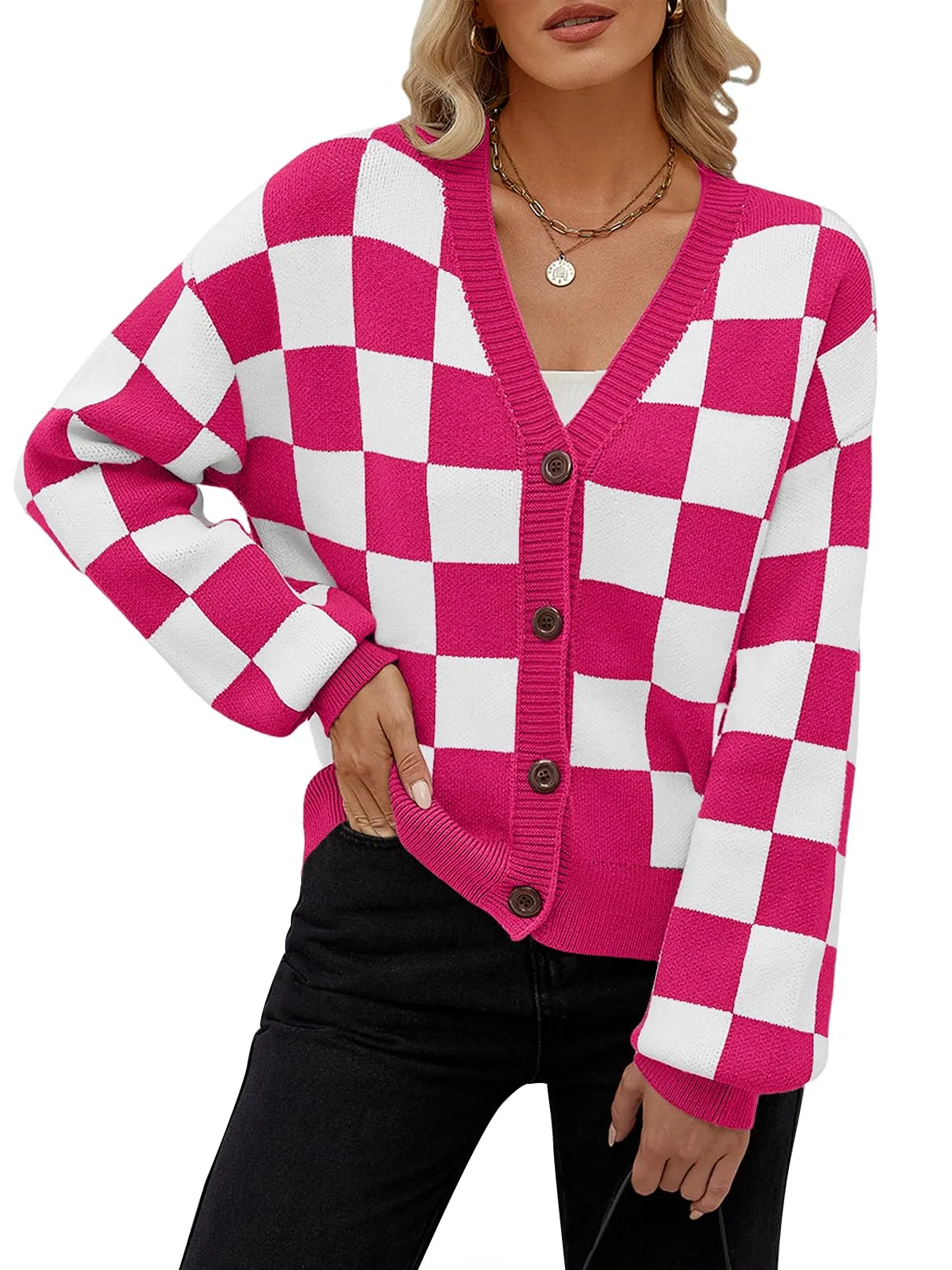 MEROKEETY Plaid Button V Neck Cropped Cardigan Sweater