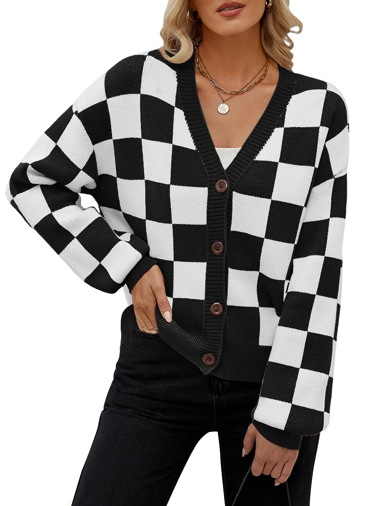 MEROKEETY Plaid Button V Neck Cropped Cardigan Sweater