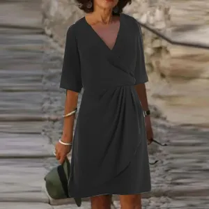 New Vintage's Party Elegant Office V-neck Waist Midi Simple Solid Color Short Sleeved Draped A-line Summer 2024 Dress