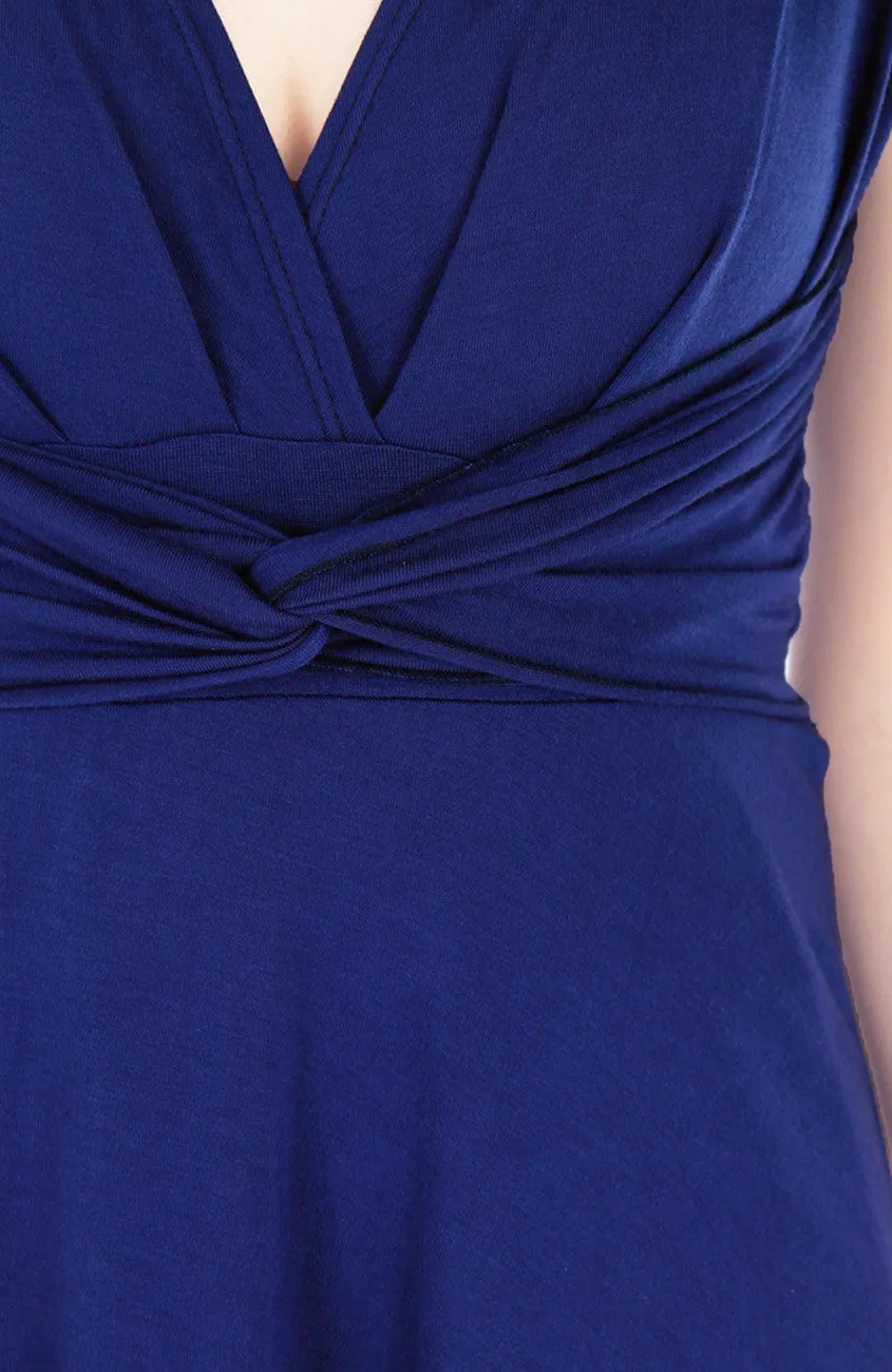 Romantic Knot Front Dress with Short Sleeves Midi Length - Monaco Blue