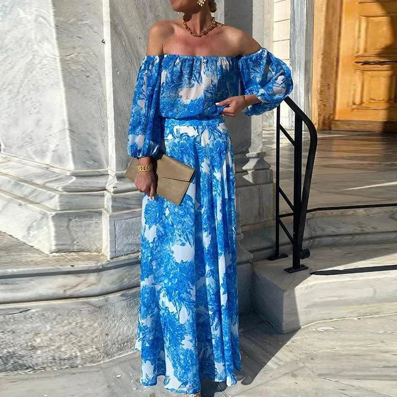 Slash Neck Waist Pleated Party Floral Print Long Casual Lantern Sleeve Bohemian Summer Elegant Dress