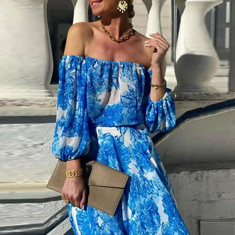 Slash Neck Waist Pleated Party Floral Print Long Casual Lantern Sleeve Bohemian Summer Elegant Dress