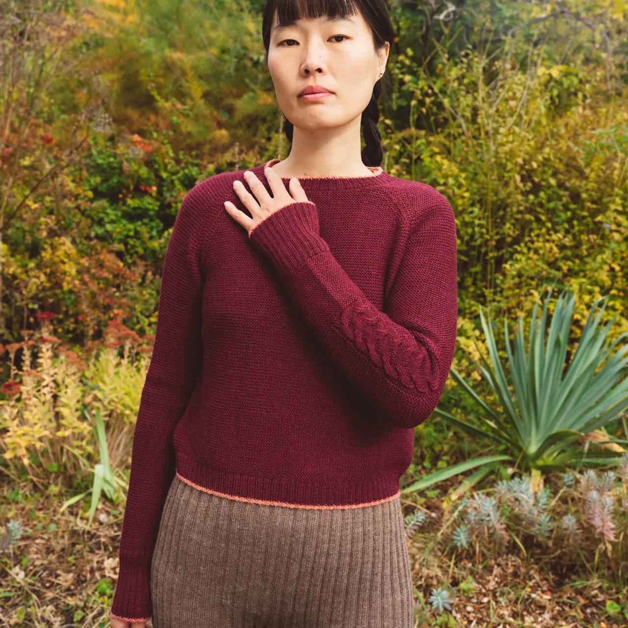 Women's Cable Crop Jumper - 100% Baby Alpaca - Aubergine (S-M)