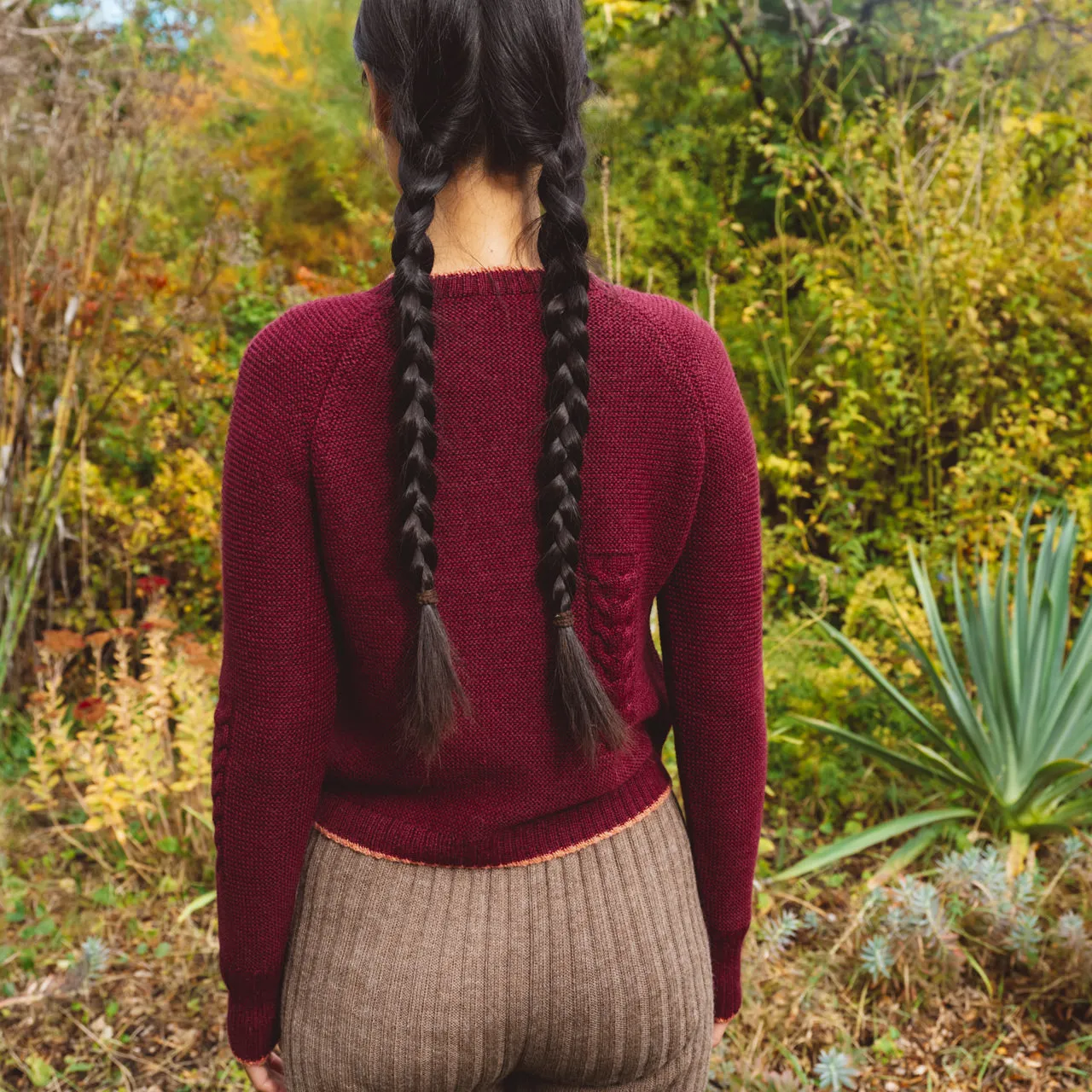 Women's Cable Crop Jumper - 100% Baby Alpaca - Aubergine (S-M)