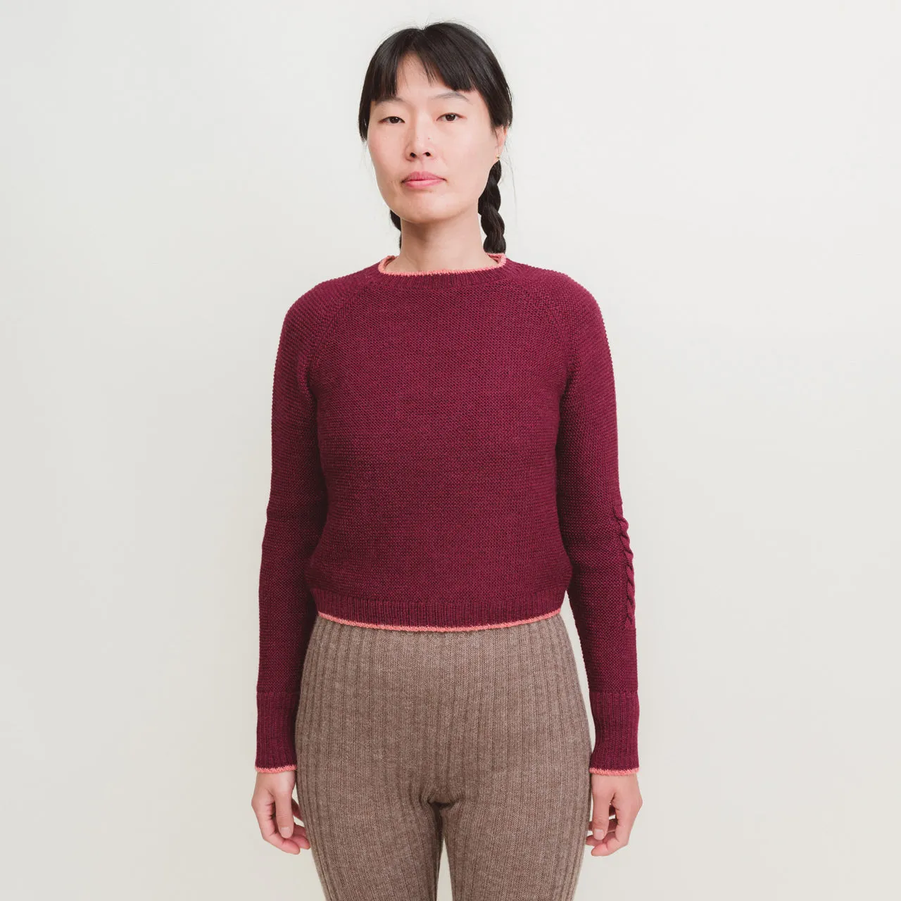 Women's Cable Crop Jumper - 100% Baby Alpaca - Aubergine (S-M)
