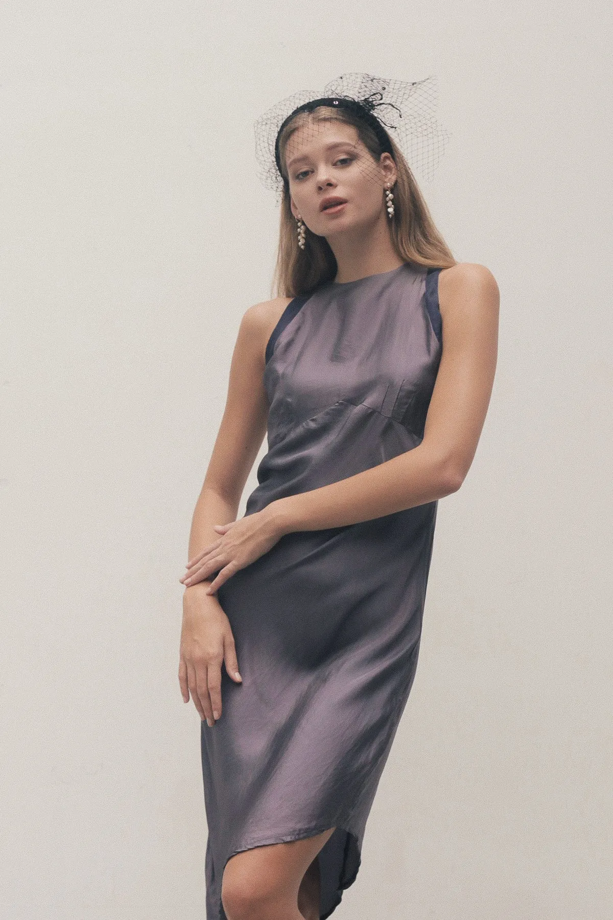 Yếm grey silk bias cut midi dress