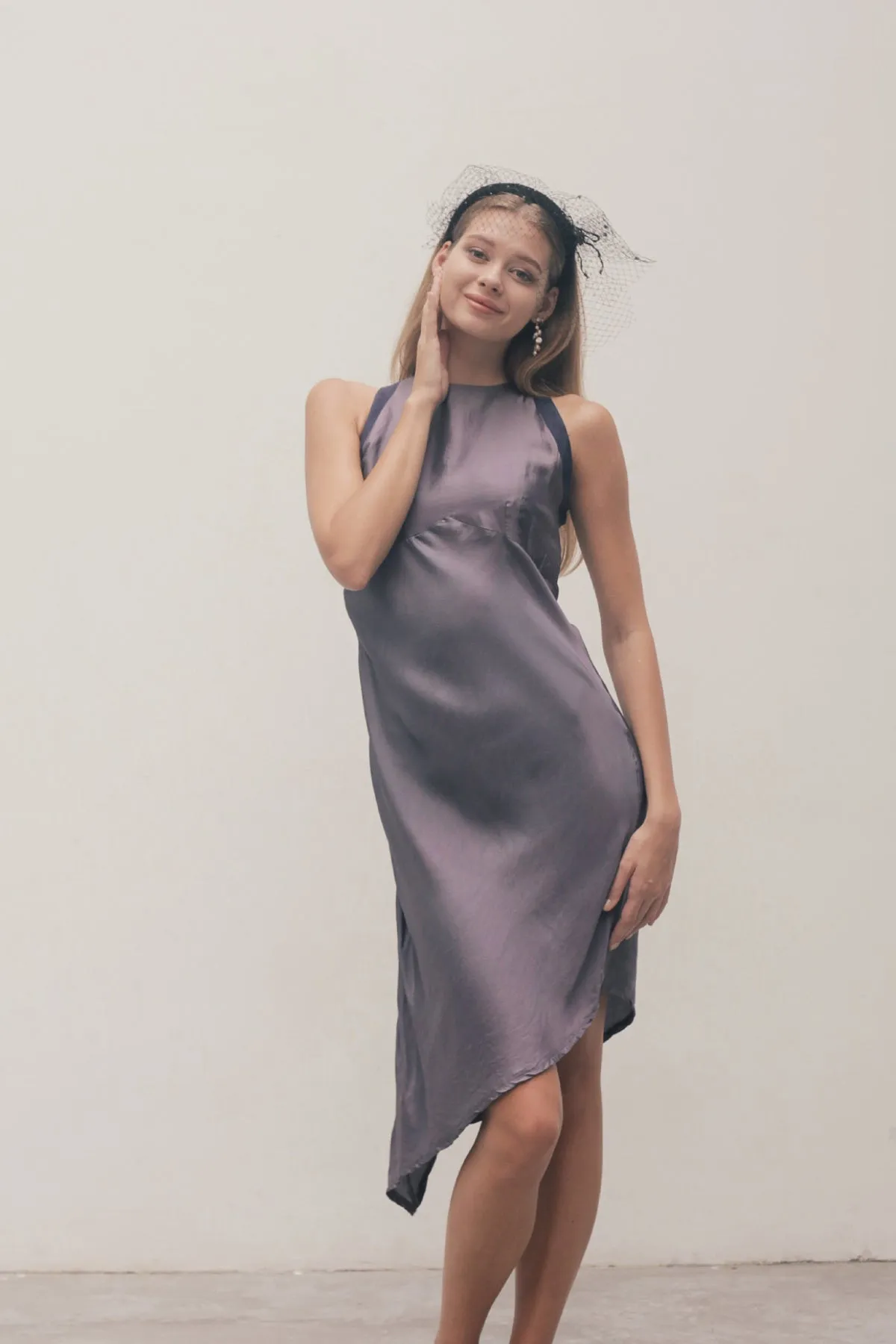 Yếm grey silk bias cut midi dress